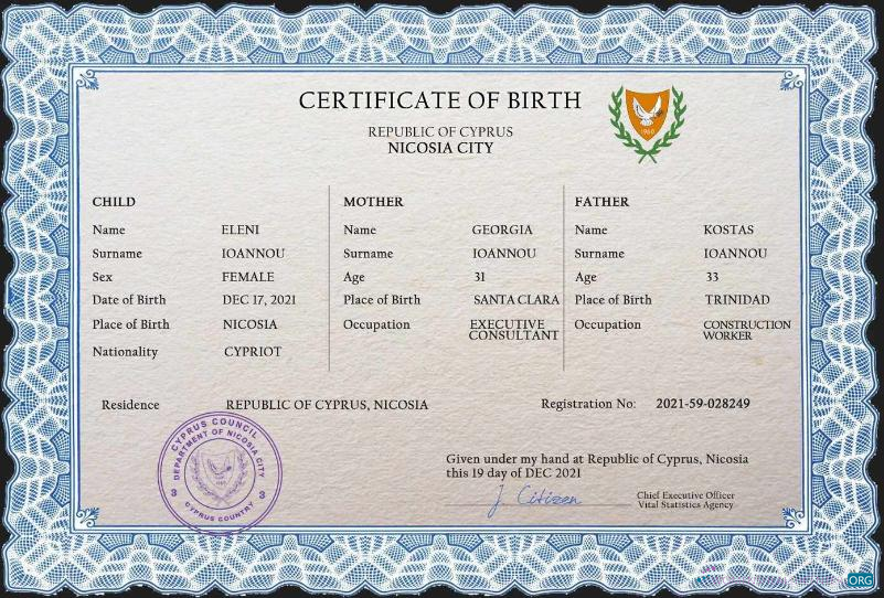 Download Cyprus vital record birth certificate PSD template Photoshop template